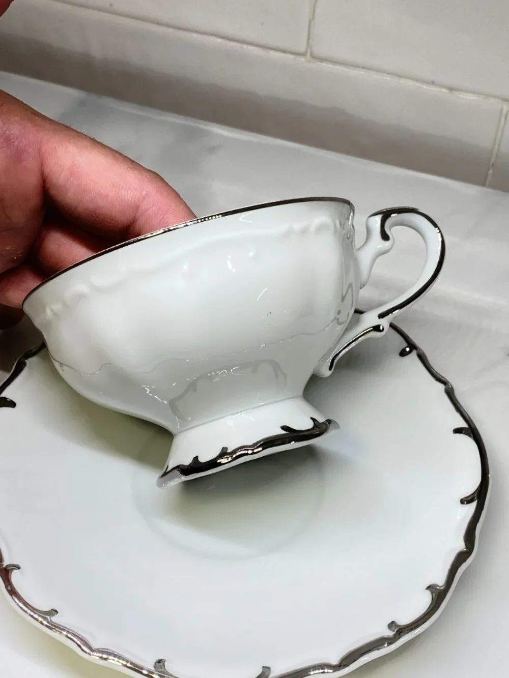 Vintage Bristol Fine China Tea Cup Saucer Set Nativity S-3213 Japan Platinum Tri